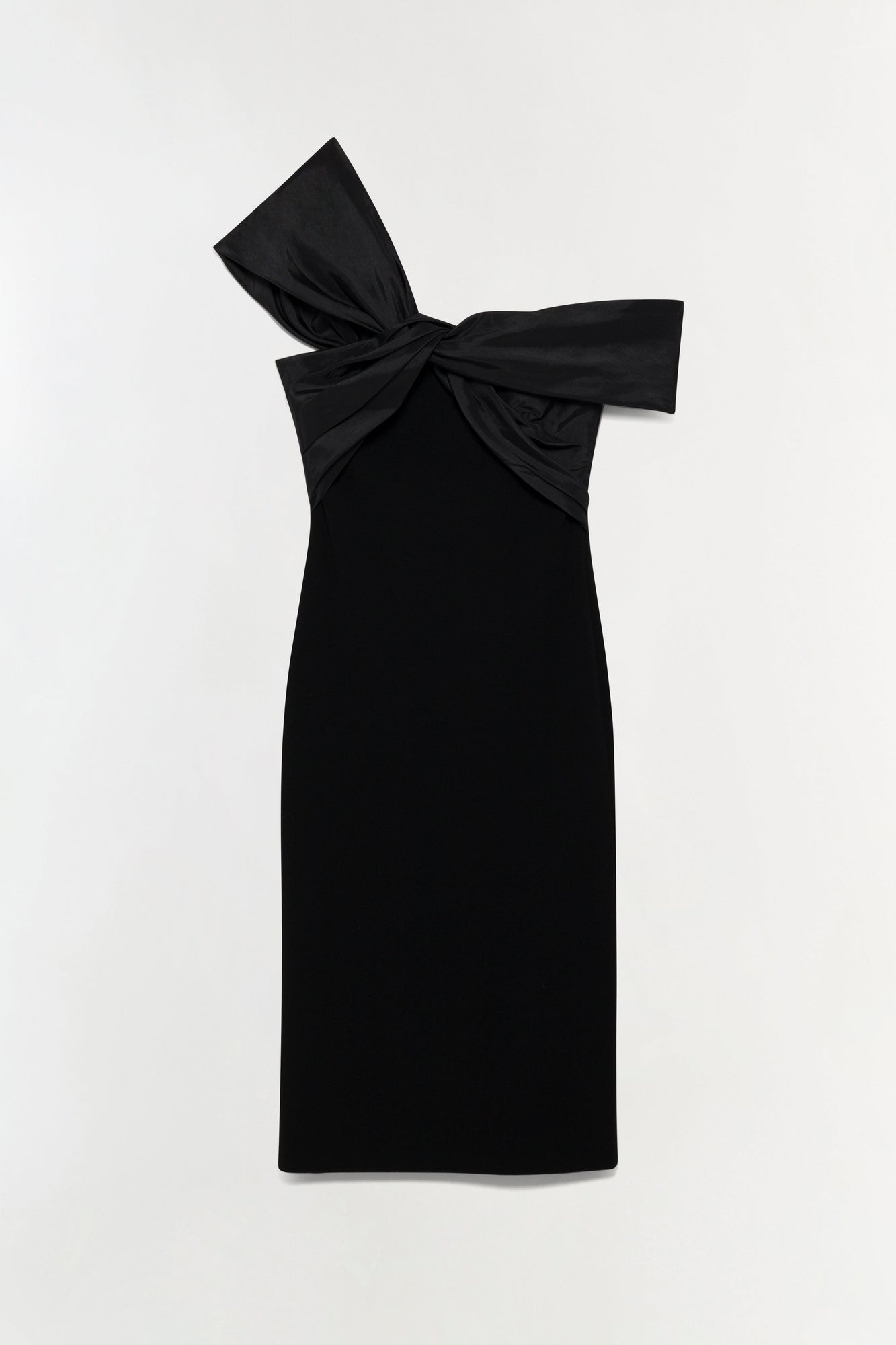 Black off-shoulder midi dress with tied bow detail at neckline.