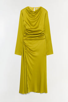 Yellow-green satin midi dress with long sleeves, draped neckline, and ruched side detailing.