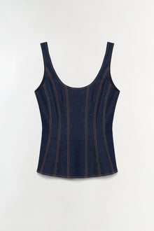 Dark blue denim bustier top with contrast topstitching and curved neckline on neutral background.