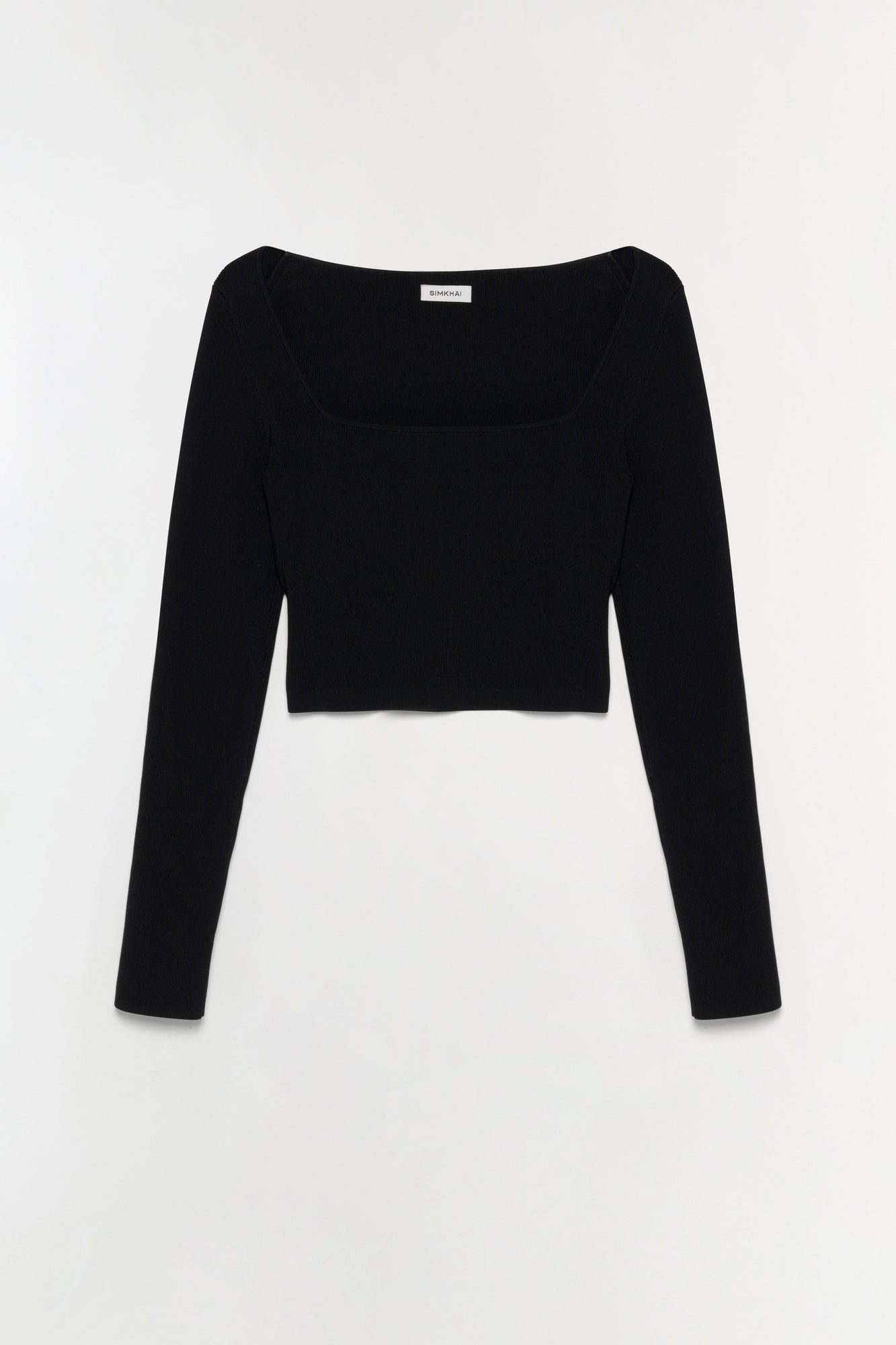Black knit cropped top with long sleeves and square neckline.