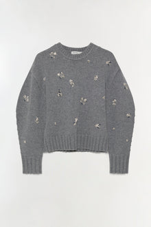 Gray ribbed knit crewneck sweater with scattered silver beaded floral embellishments throughout.