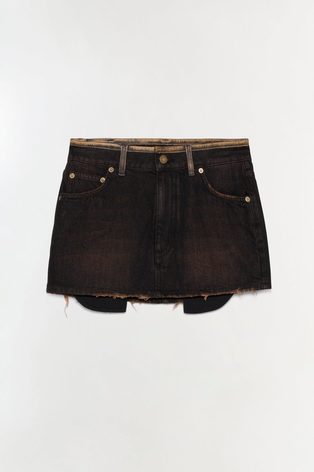 Black denim mini skirt with distressed hem and raw edges, featuring five-pocket styling and gold-tone hardware.