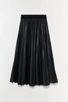 Black midi skirt with pleated leather body and solid waistband.