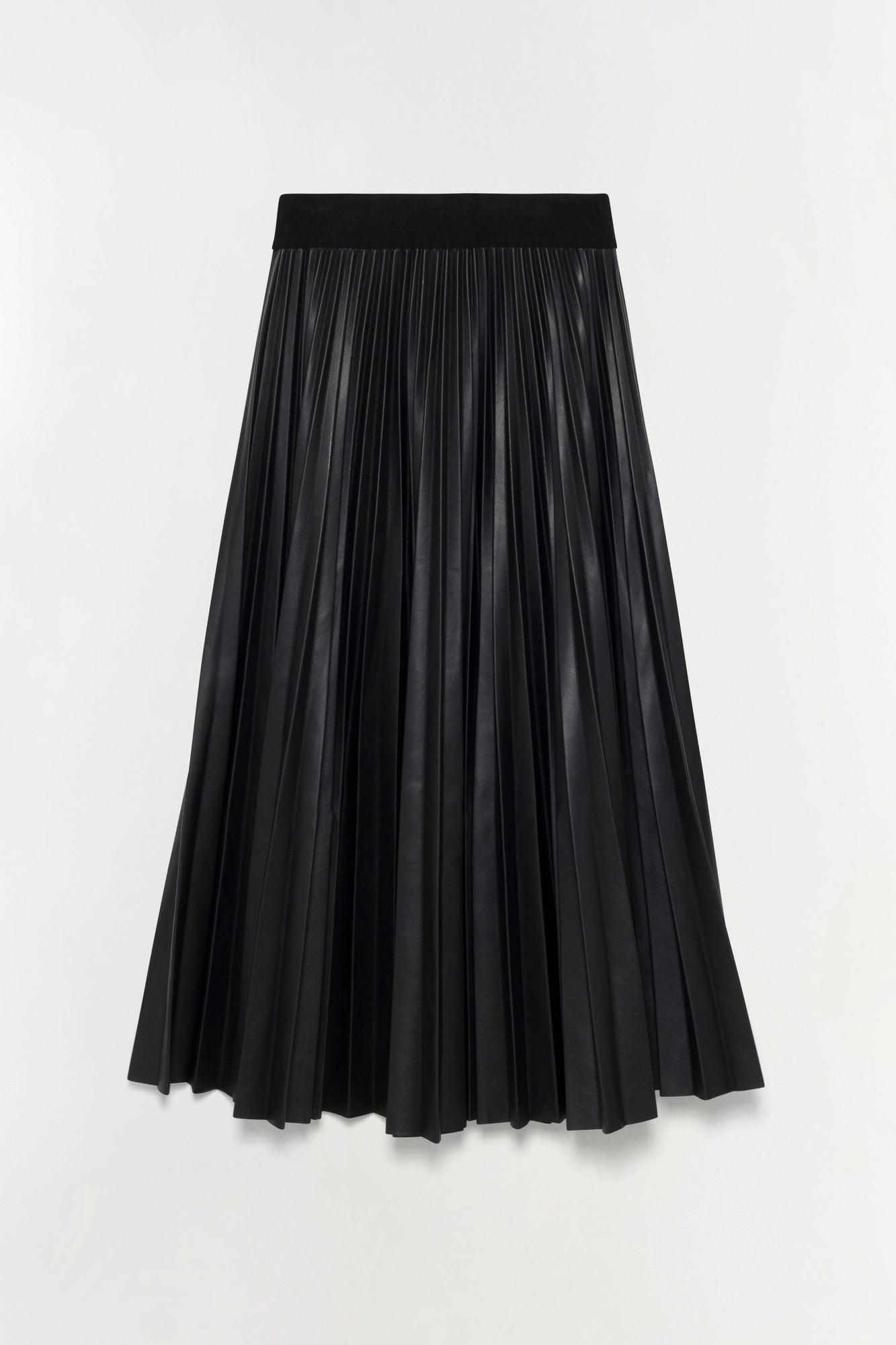 Black midi skirt with pleated leather body and solid waistband.