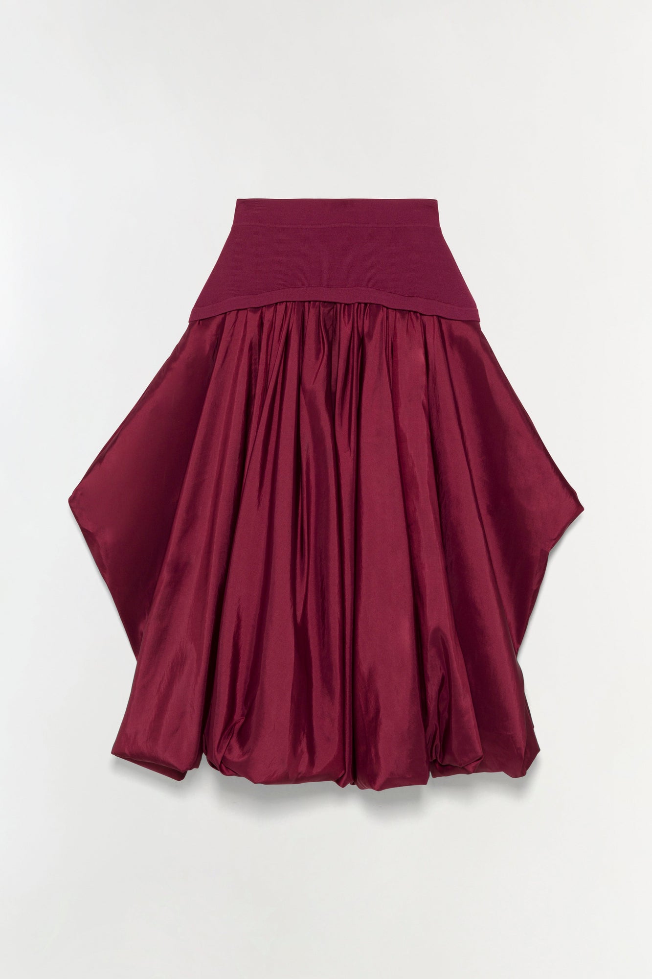 Burgundy midi skirt with knit waistband and voluminous taffeta gathered skirt portion.