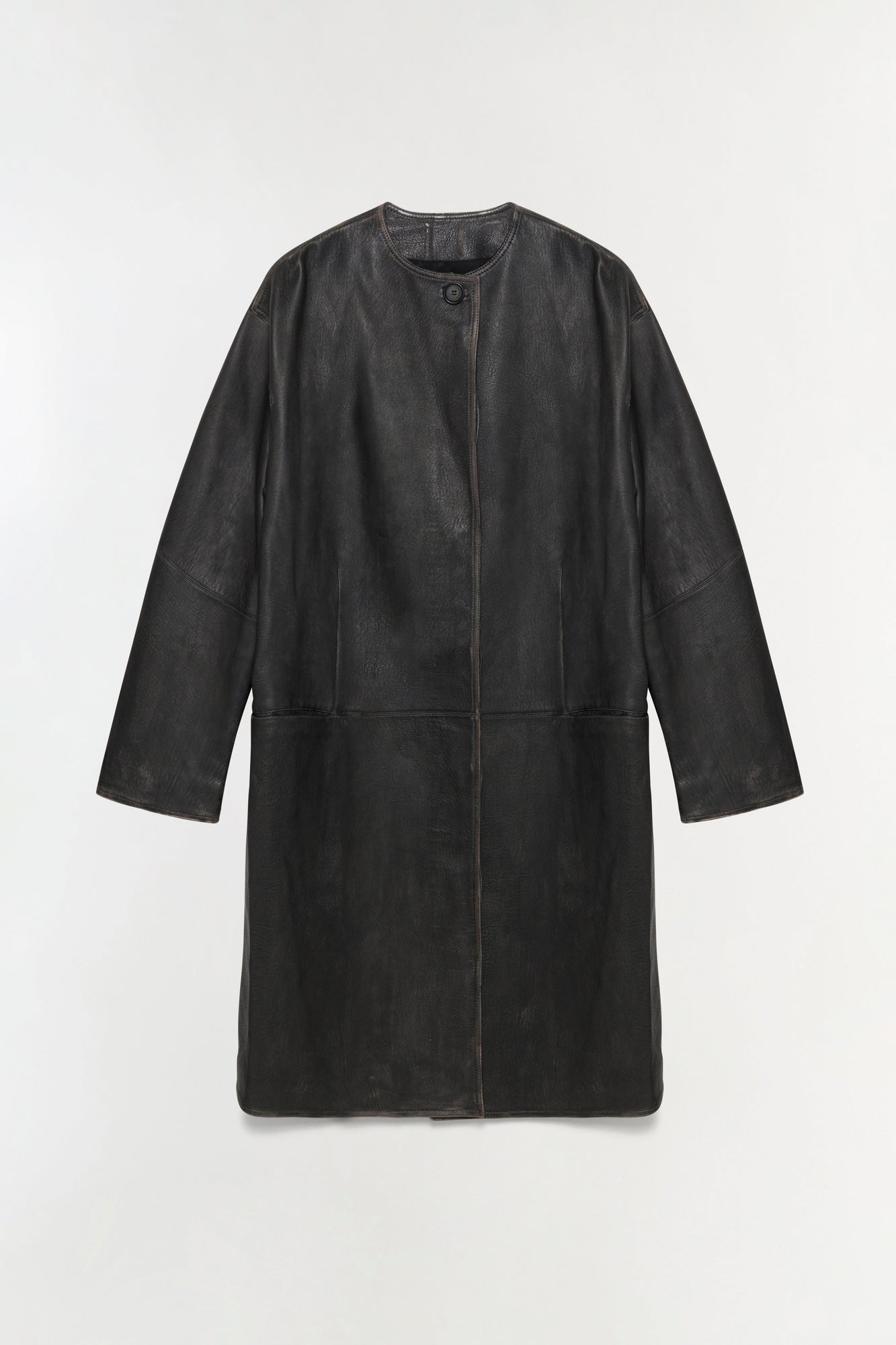 Black leather jacket with full-length cut, round neckline, long sleeves, and single button front closure.