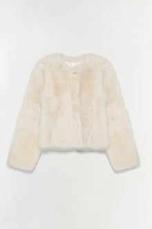 Cream-colored shearling jacket with long sleeves, cropped length, and single button closure at neckline.