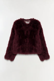 Burgundy shearling jacket with fuzzy texture and cropped fit, displayed on neutral background.