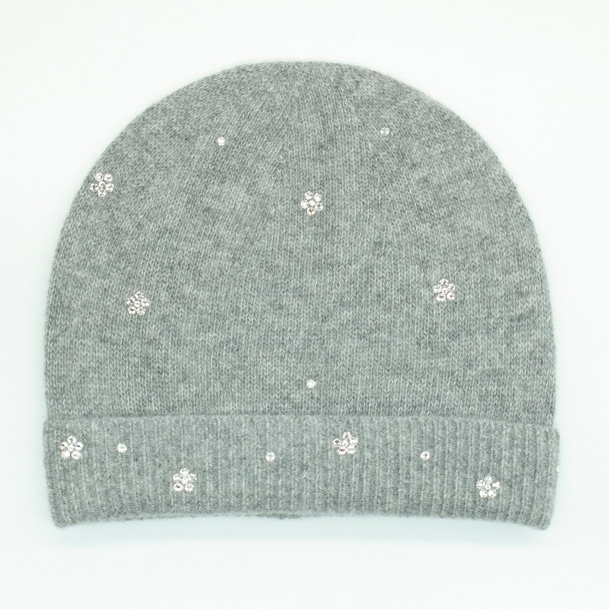 Cashmere Beanie With Flowers Stones | Light Grey