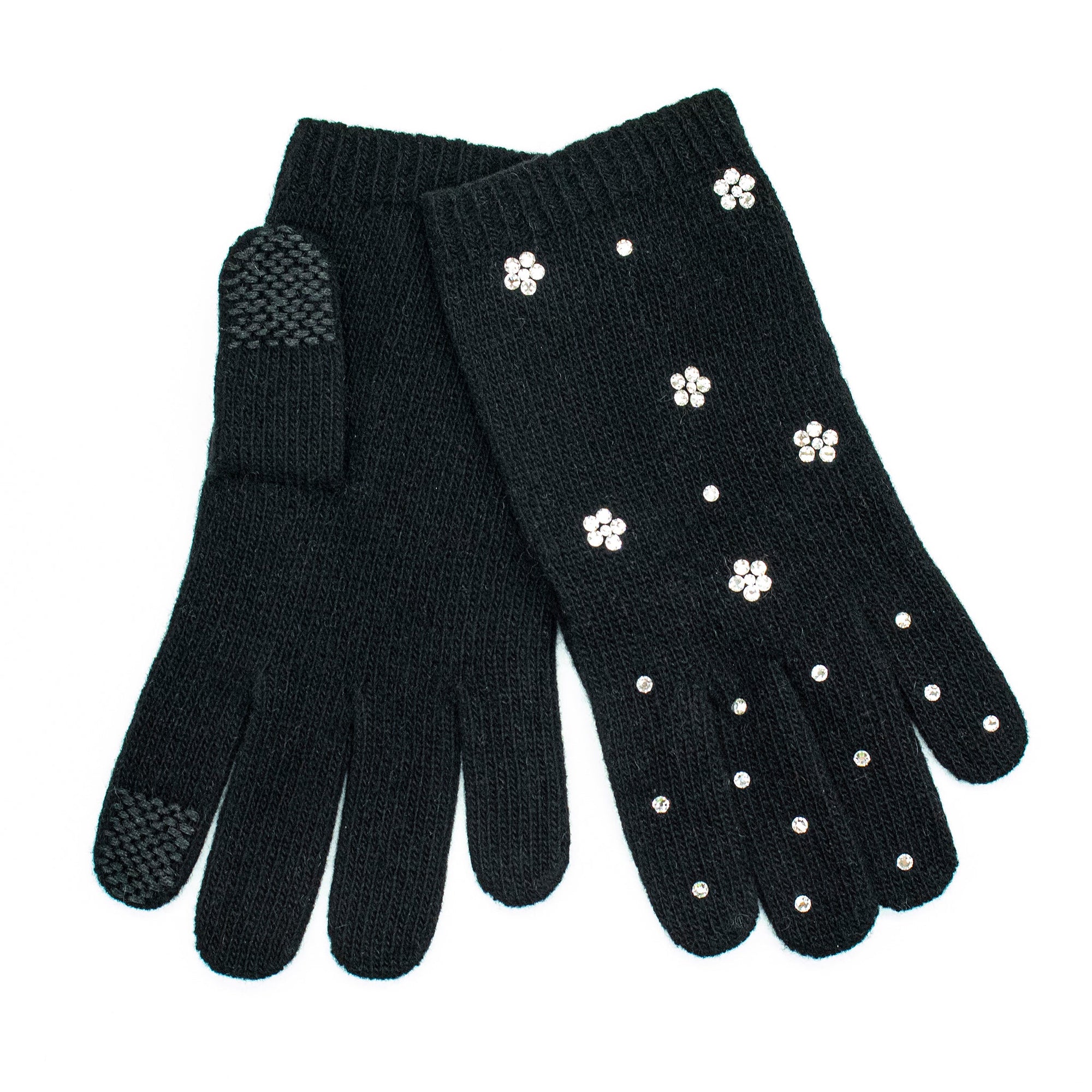 Tech Cashmere Gloves With Flowers Stones | Black