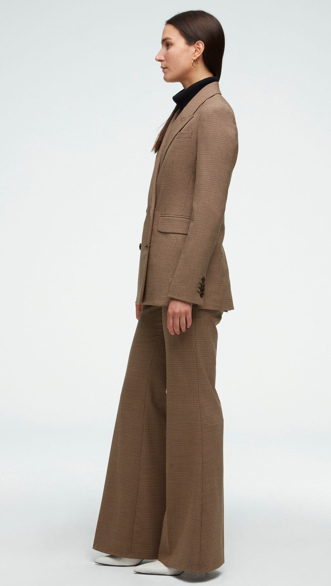 High-Waisted Flare Trouser in Stretch Wool | Brown Houndstooth