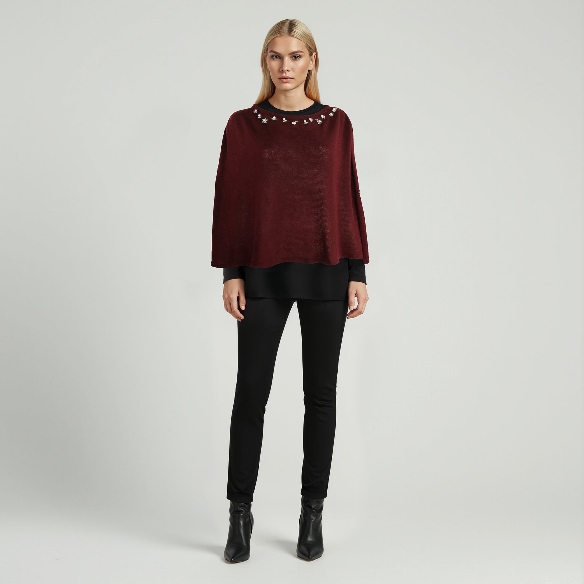 Womens | Poncho with Crystal Stones | Bordeaux