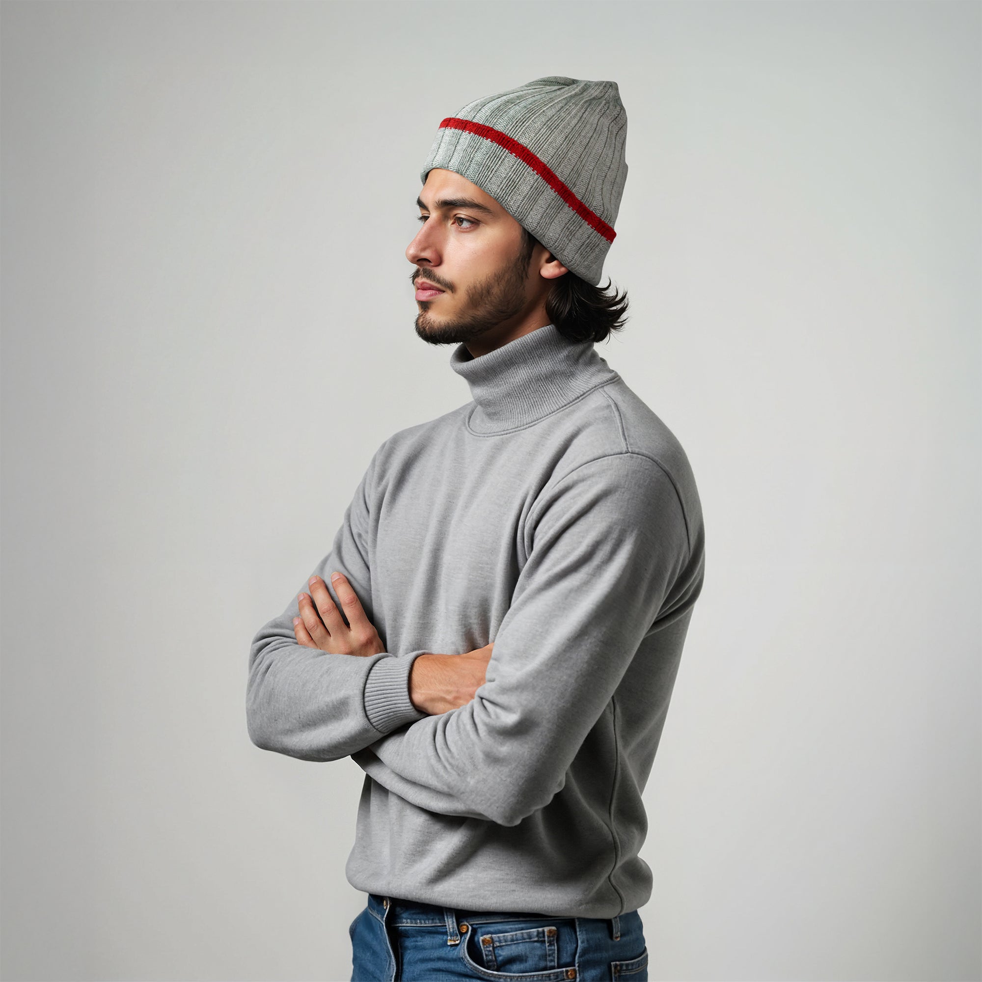 Unisex | Merino Ribbed Beanie | Grey/Red
