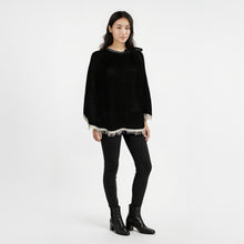 Womens | Poncho with Eyelash Fringes And Bow | Black/White