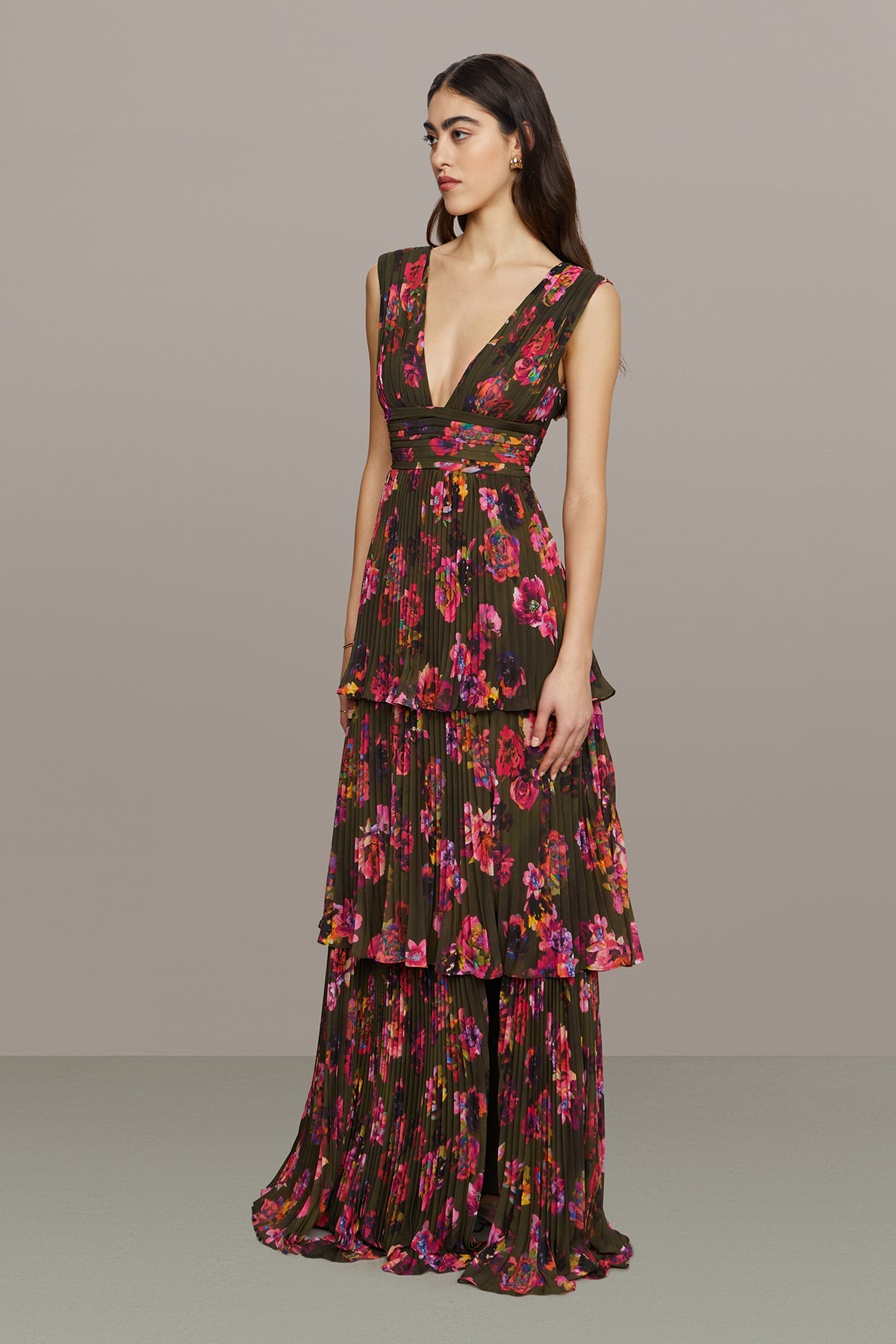 Amur | Fluer Deep V Pleated Gown | Earthy Garden