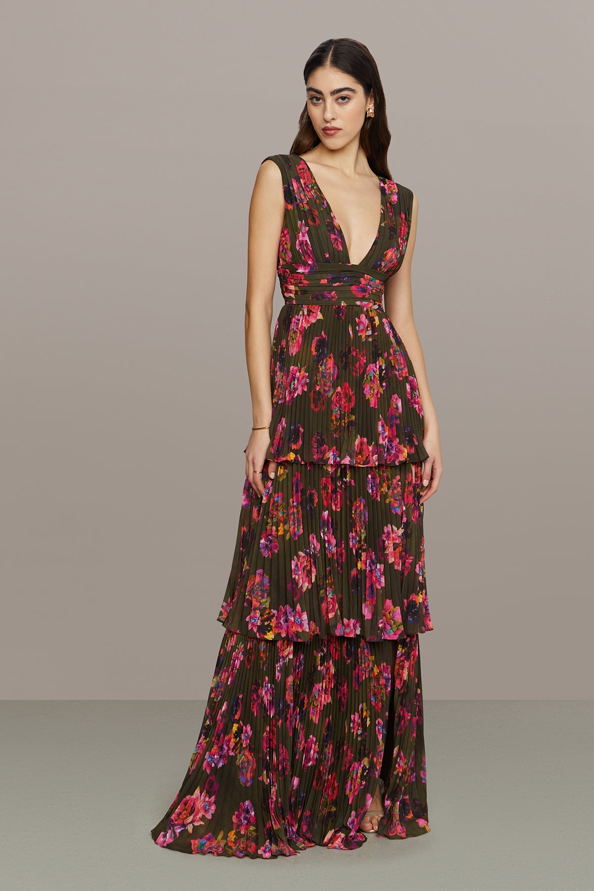 Amur | Fluer Deep V Pleated Gown | Earthy Garden