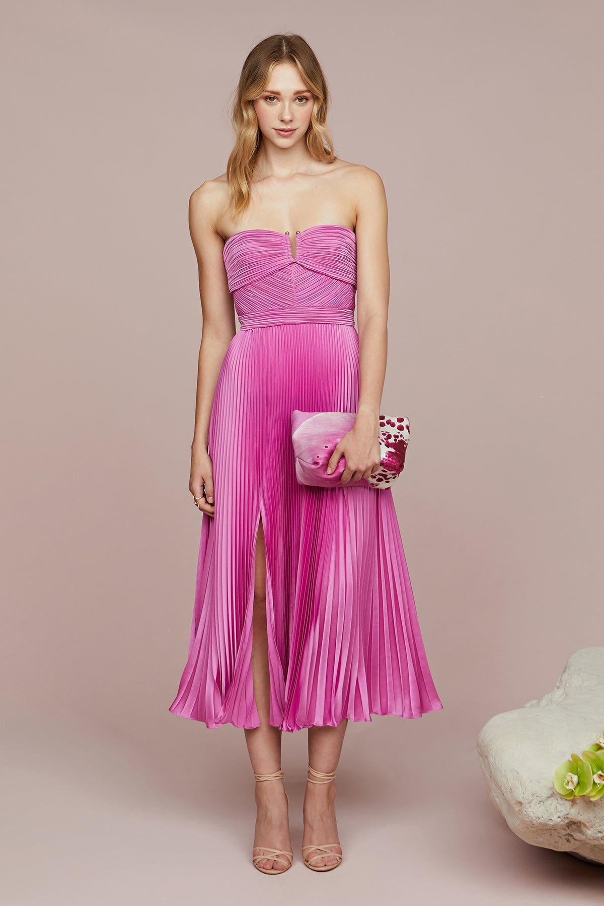 Amur | Harden Pleated Strapless Midi | Pink Pearl
