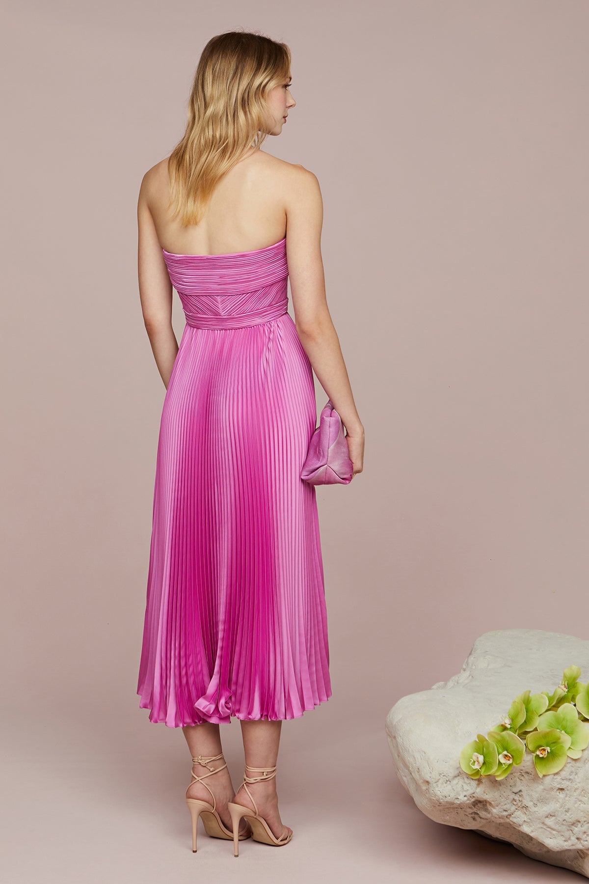 Amur | Harden Pleated Strapless Midi | Pink Pearl