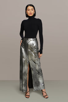 Amur | Jil Midi Leather Skirt | Chrome