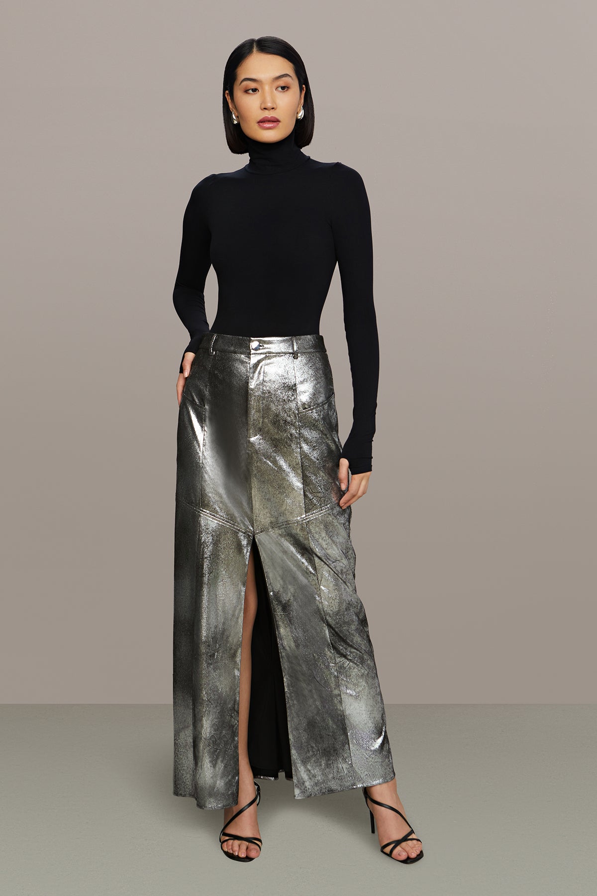 Amur | Jil Midi Leather Skirt | Chrome