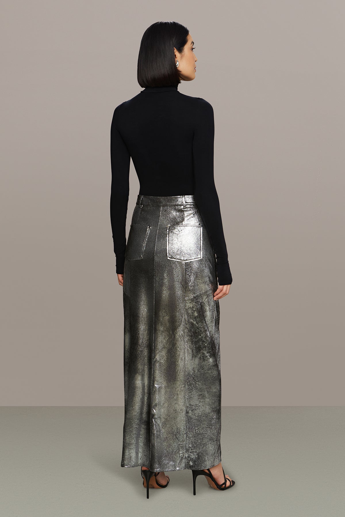 Amur | Jil Midi Leather Skirt | Chrome