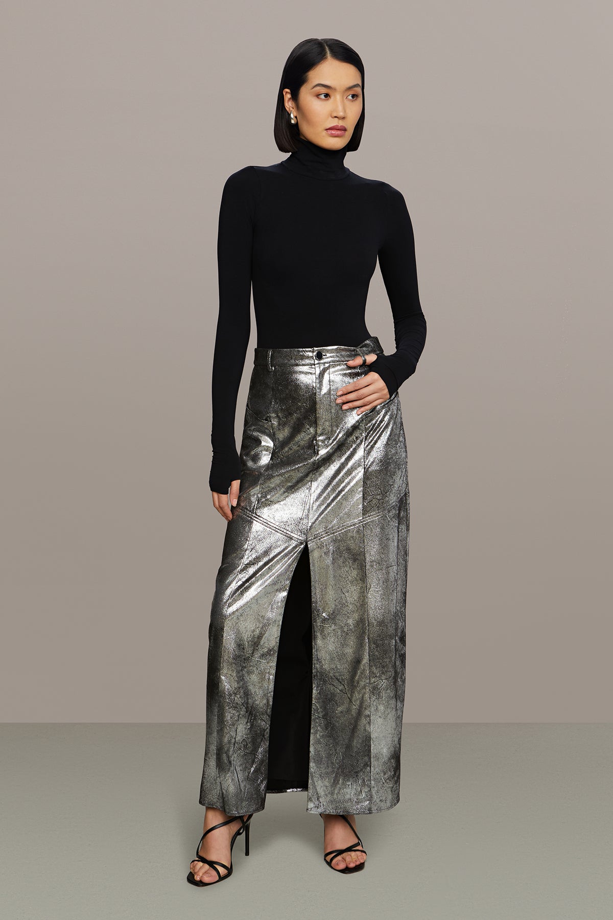 Amur | Jil Midi Leather Skirt | Chrome