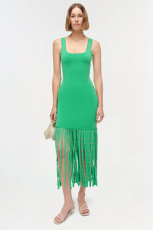 Green sleeveless knit midi dress with beaded fringe hem detail and square neckline.
