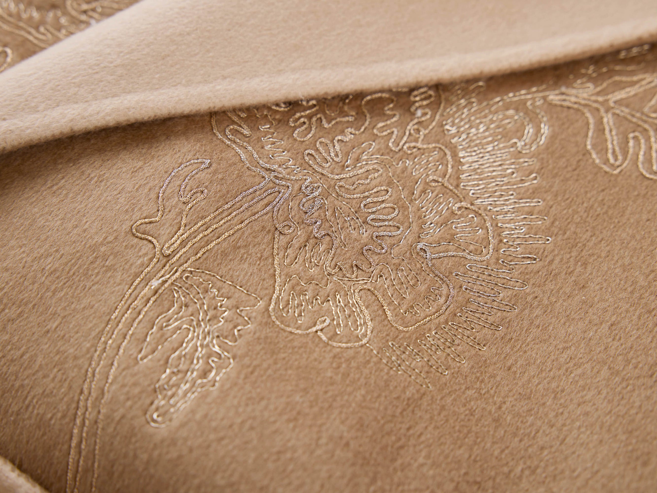 Gold Thread Embroidered Wool Cashmere Blended Coat | Camel