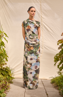 Floral Printed Chiffon Draped Column Gown | Cactus Multi