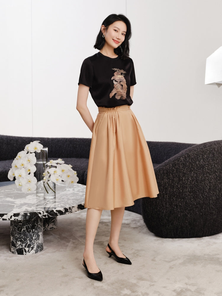 Mulberry Silk Midi Skirt | Khaki