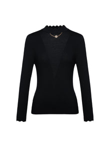 Wool Fit Long-Sleeves Sweater Top with Chain | Black