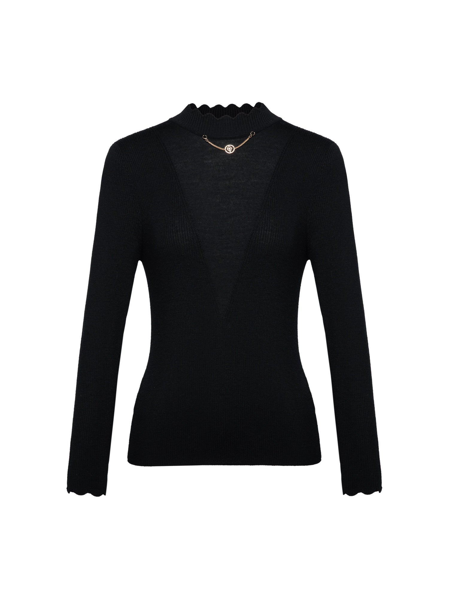 Wool Fit Long-Sleeves Sweater Top with Chain | Black