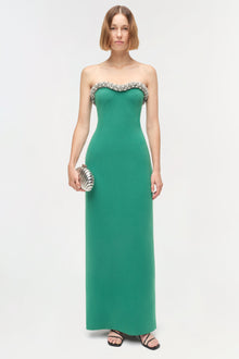 Green strapless floor-length gown with crystal embellishments around the neckline and sweetheart bustier top.