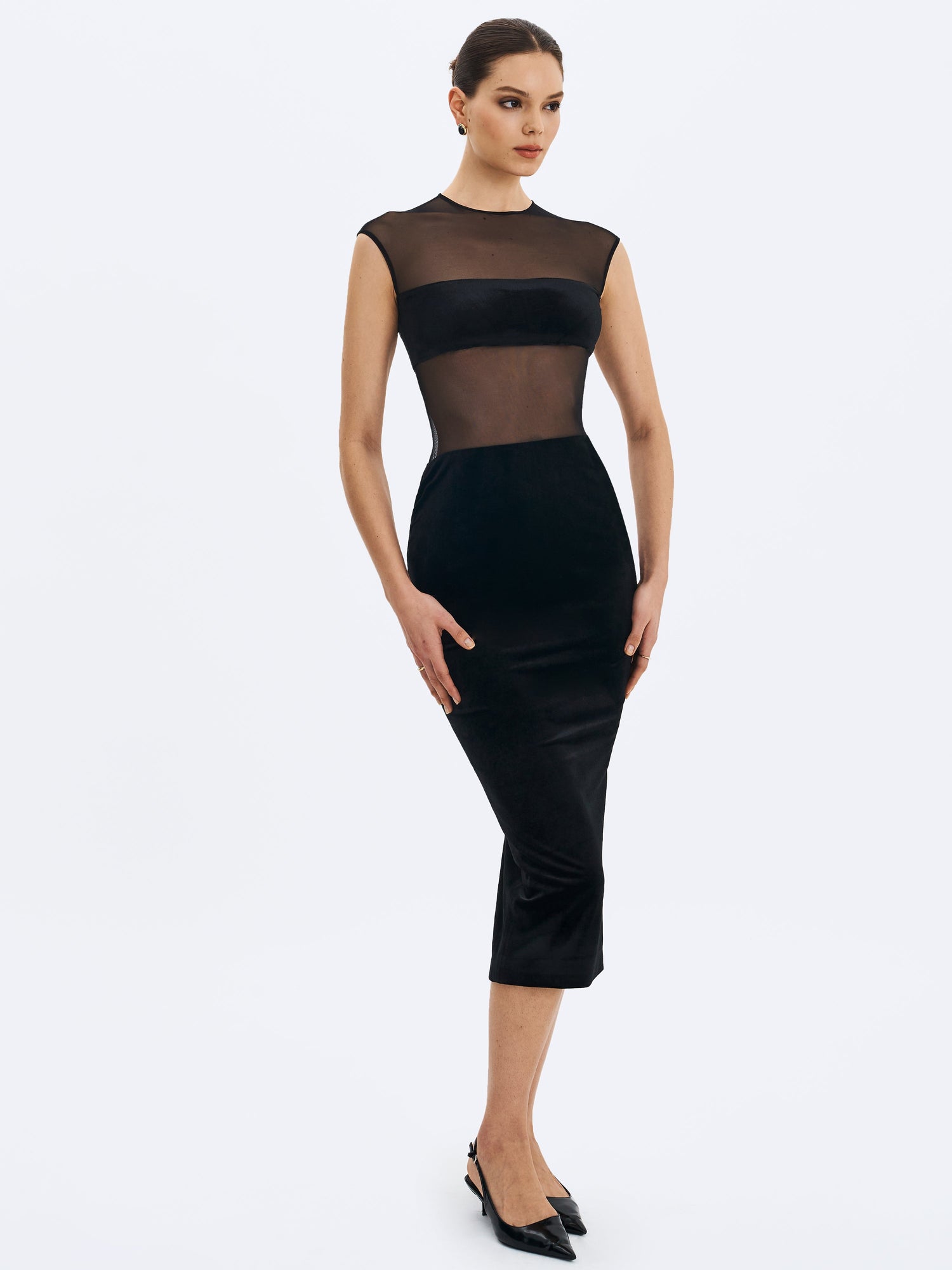 Miss Circle | Quielle Mesh and Velvet Midi Bodycon Dress