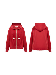 Hooded Cardigan With Embroideried Drawstring | Red