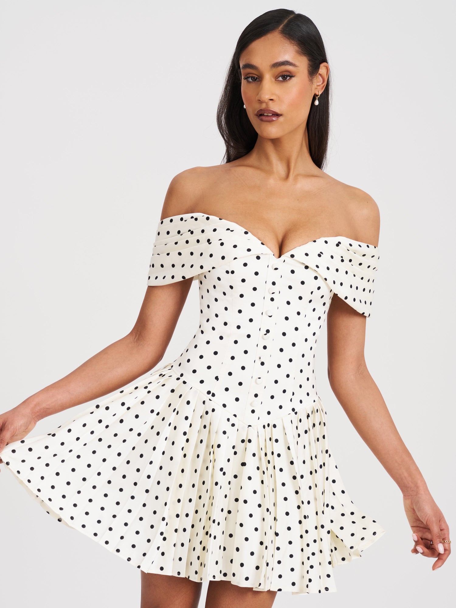 Miss Circle | Edeline Polka Dot Off-shoulder Pleated Mini Dress