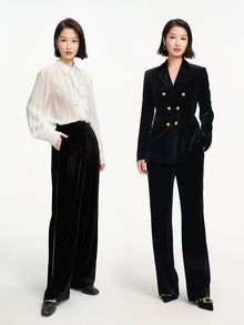Velvet High-Waisted Wide Leg Pants | Black