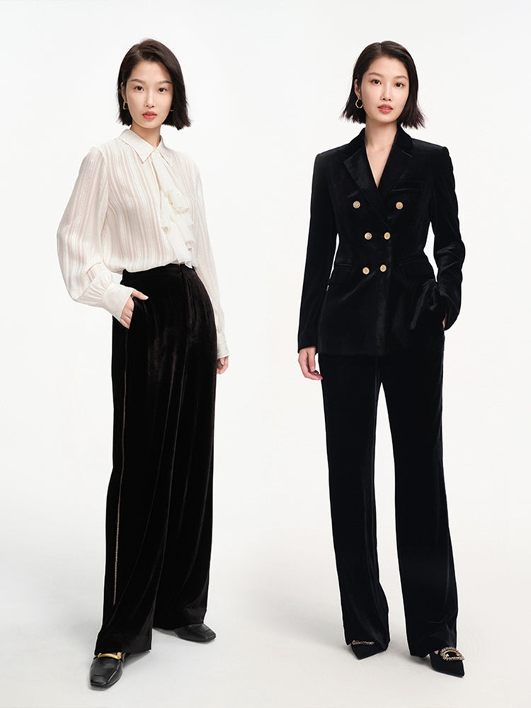 Velvet High-Waisted Wide Leg Pants | Black