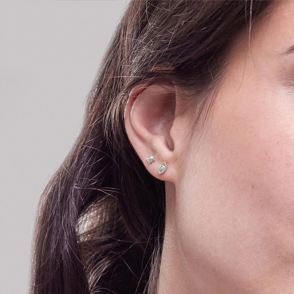 Womens | 0.03 CT Round Cut Lab Grown Accent Diamond | Evil Eye Stud Earrings | Sterling Silver | G-SI