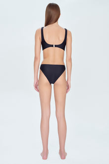 Black two-piece swimsuit with scoop neckline, wide shoulder straps, and back clasp closure, shown from behind.