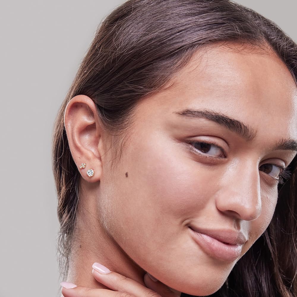 Womens | 0.07 CT Round Cut Lab Grown Accent Diamond | Cross Stud Earrings | 14K Yellow Gold Plated Silver | G-SI