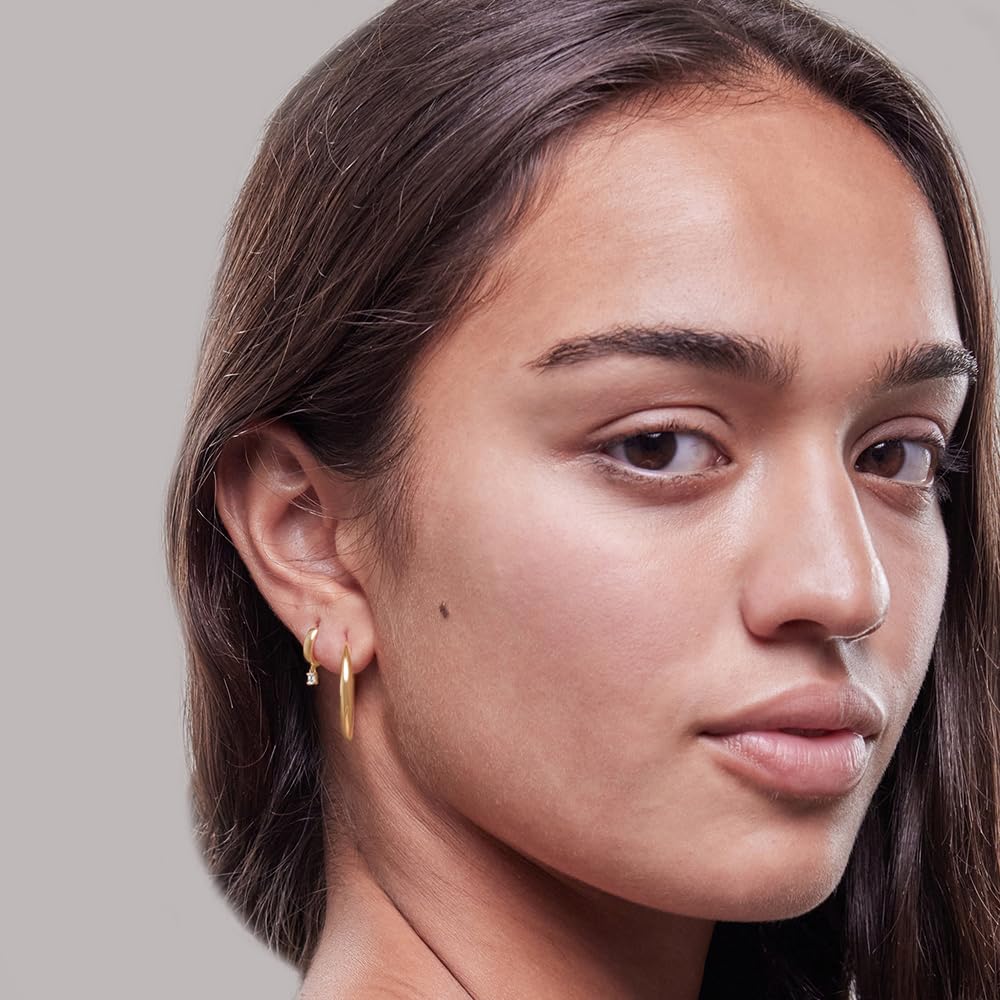 Womens | 0.10 CT  Emerald Cut Lab Grown Accent Diamond | Hoop Drop Earrings | 14K Yellow Gold Plated Silver | G-SI