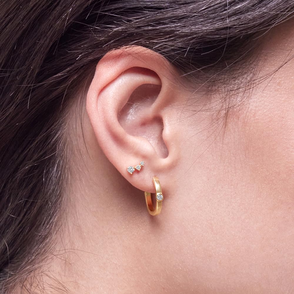 Womens | 0.06 CT Round Cut Lab Grown Accent Diamond | Thick Huggie Hoop Earrings | 14K Yellow Gold Plated Silver | G-SI