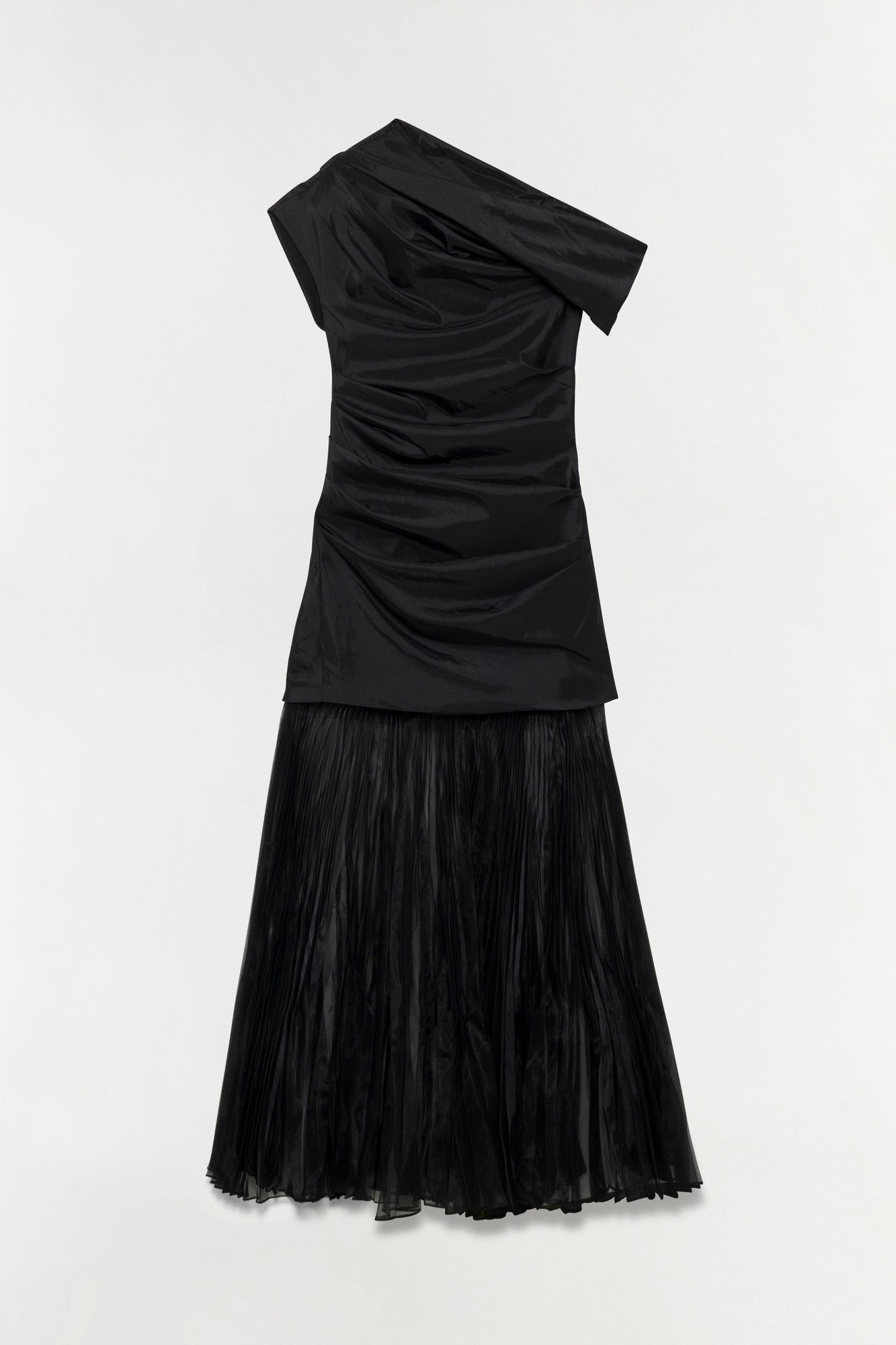 Black taffeta midi dress with asymmetrical off-shoulder neckline and pleated skirt.