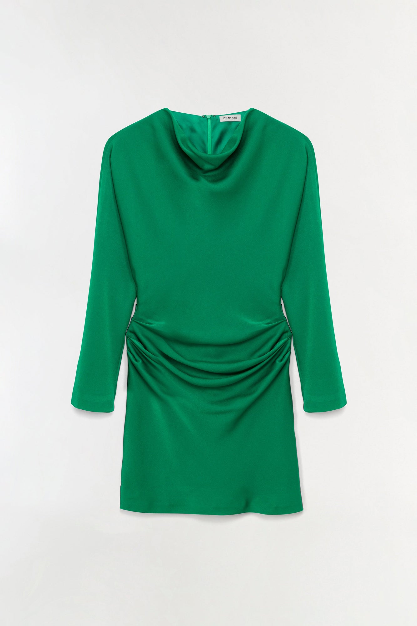Emerald green satin mini dress with long sleeves, cowl neckline, and ruched waist detail.