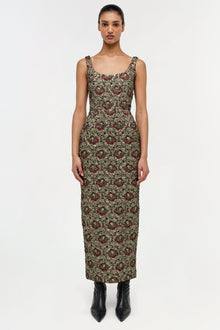 Sleeveless midi dress with gold and red floral jacquard pattern, scoop neckline, and fitted silhouette.