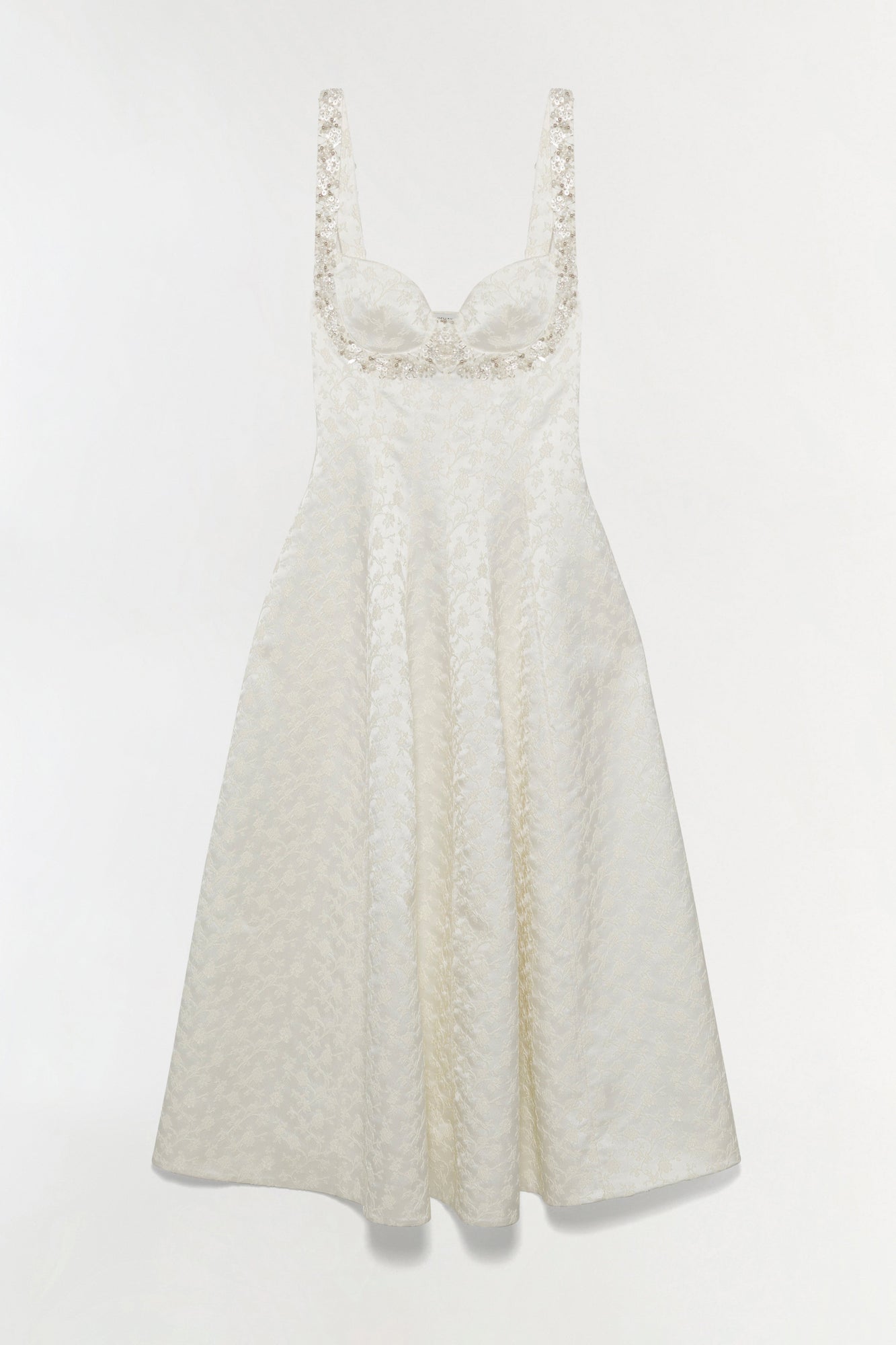 Ivory jacquard midi dress with sweetheart neckline, beaded straps, and full A-line skirt.