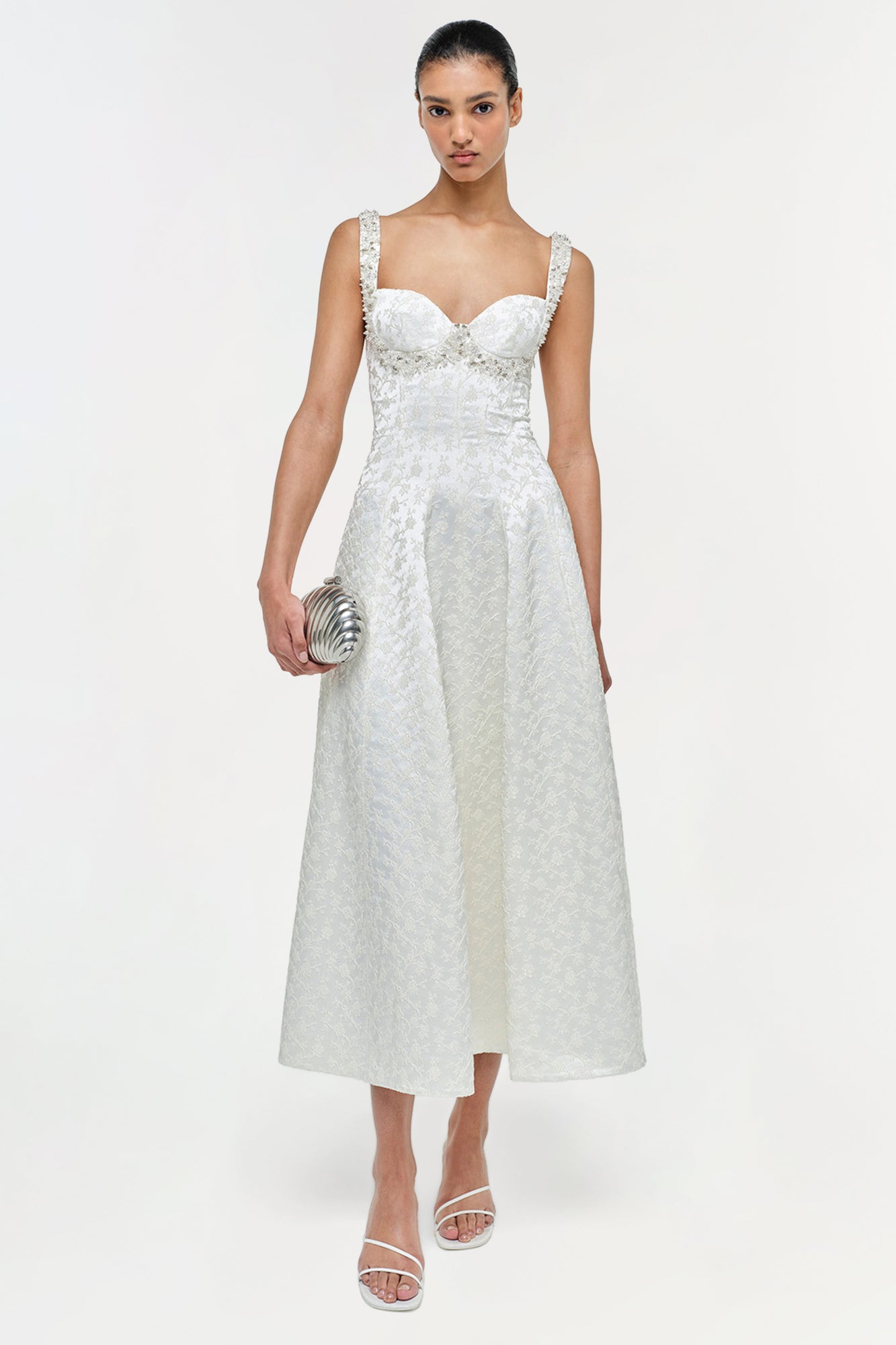 white jacquard midi dress Floral Jacquard Midi Wedding Dress Emily Jacquard: Silk Blend, Tea Length