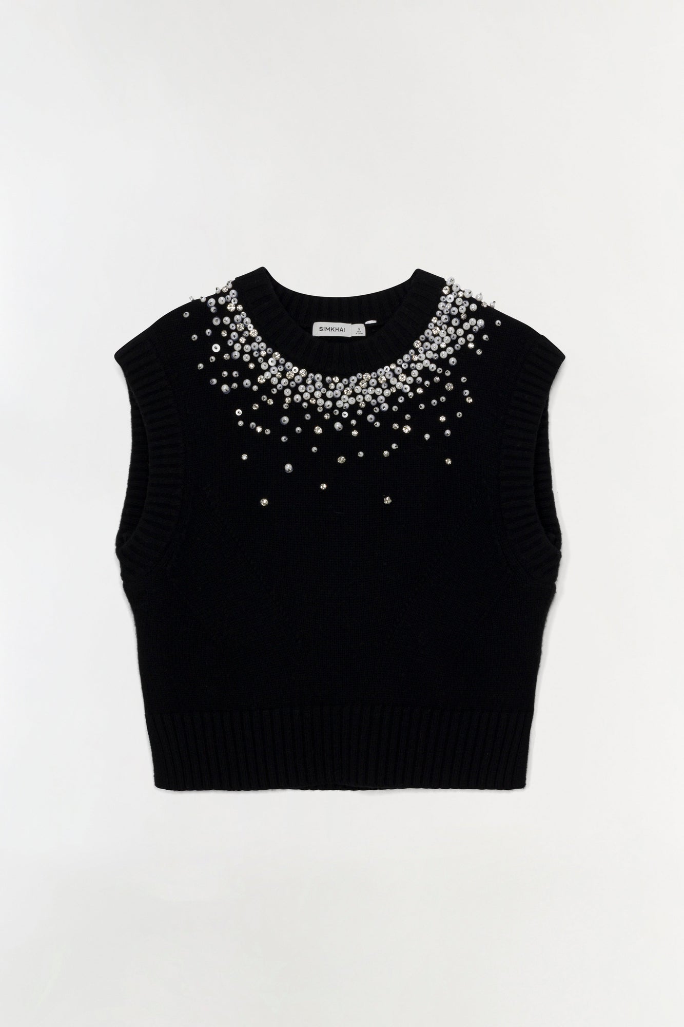 Black sleeveless knit vest with rhinestone embellishments across the neckline and scattered down the front.