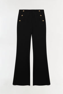 Black tailored trouser with gold buttons on hip pockets and wide-leg silhouette.